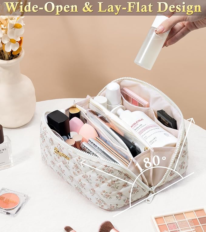 Travel Makeup Bag, 3 Pcs Large Capacity Puffy Toiletry Bag for Women, Open Flat Make up Cosmetic Organizer w/Handle & Clear Divider Water-resistant Portable Pouch Travel Essentials, M-Beige Rose