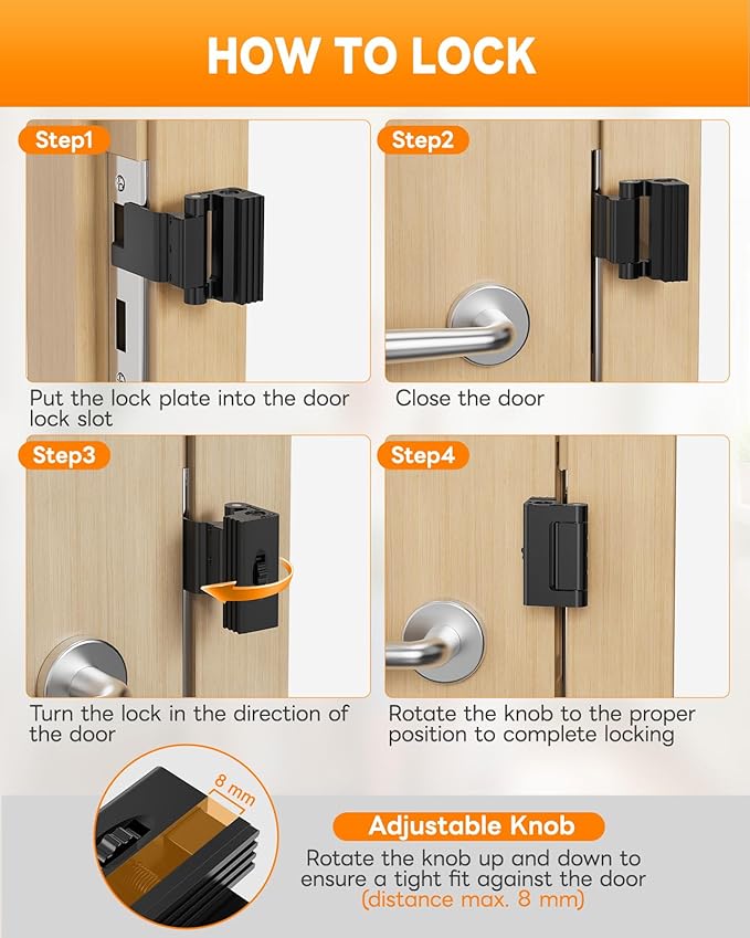 Portable Door Lock for Travel, Adjustable No Drilling Door Reinforcement Lock, Extra Latch Stopper for Hotel Room, Home Apartment, Inward Swing Door - Family & Travelers Security (Black-2PCS)