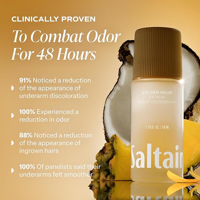Saltair Serum Deodorant 2 Pack – 5% AHA – Aluminum-Free Odor Control for Women & Men – Mandelic Acid Deodorant with Lactic Acid – Golden Hour Scent – 2x 1.7oz Travel Roll On
