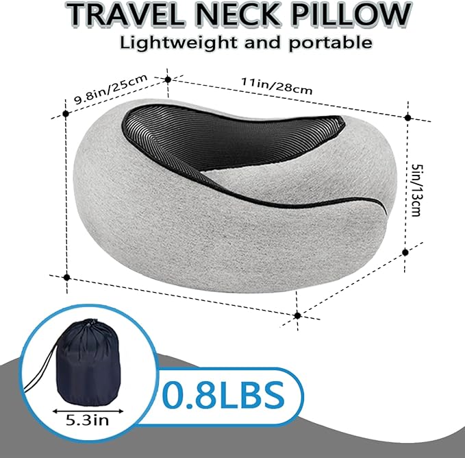 Travel Neck Pillow- 360° Ergonomic Memory Foam Travel Neck Pillow Airplane,Premium Breathable Relief Neck Pain for Long Flights,Car & Office (Gray)