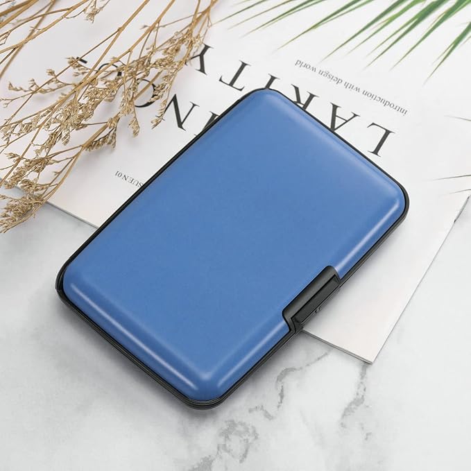 ELFISH RFID Blocking Credit Card Protector Aluminum ID Case Hard Shell Business Card Holders Metal Wallet for Men or Women（Matte Blue