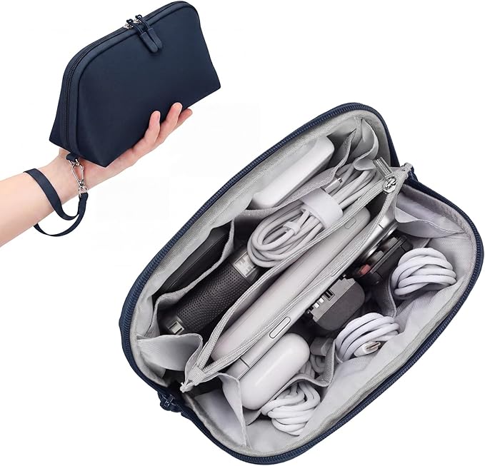 FYY Travel Cable Organizer - 8 Compartments Lightweight Water Resistant Tech Pouch with Wrist Strap, Electronic Accessories Case for Cord Charger Storage for Travel Home Office, Navy (Medium)