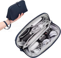 FYY Travel Cable Organizer - 8 Compartments Lightweight Water Resistant Tech Pouch with Wrist Strap, Electronic Accessories Case for Cord Charger Storage for Travel Home Office, Navy (Medium)