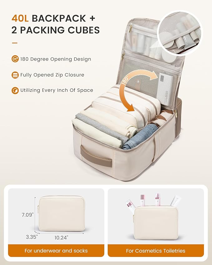 LOVEVOOK Travel Backpack for Women with Shoes Compartment,40L Personal Item Travel Bag Flight Approved Carry On Backpack with 2 Packing Cubes,Large Casual Weekender Luggage Daypack