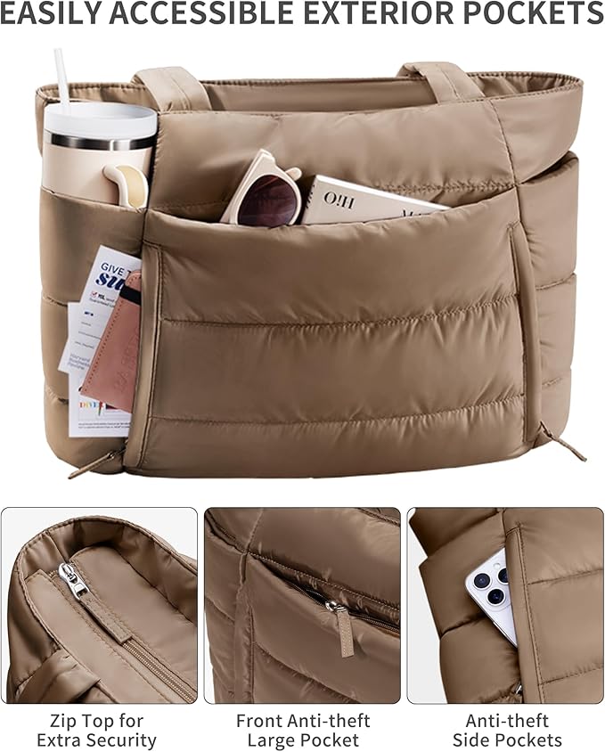 Bagstellar Puffer Tote Bag for Women, Lightweight Puffy Work Handbag Teacher Nurse Quilted Shoulder Bag for School Travel Gym | Cloud Bag w/ Zipper, Daily College Bags, 15.6" Computer Bag, Clinical Nursing Bag, 40 OZ Tumbler Holder, Ideal Gift for Women