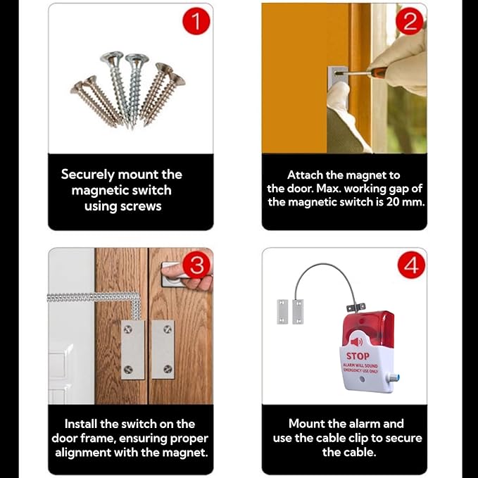 Emergency Door Alarm with Flexible Mount, Door Alarms When Opened, Exit Door Security Stop Alert System, Battery Operated