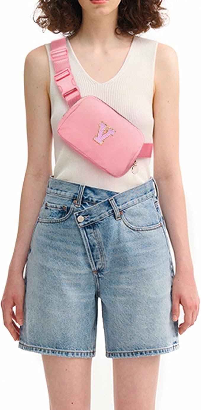 Uygafly Personalized Belt Bag for Women Girls - Fashion Mini Waist Packs with Adjustable Strap - Trendy Travel Fanny Pack Crossbody Bags with Initial Letter - Teen Gifts | Peach,V