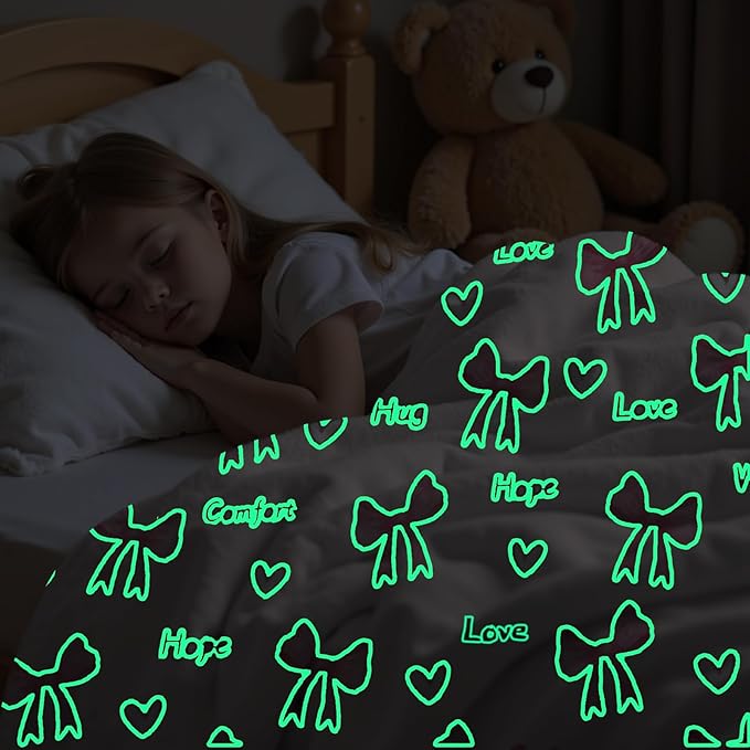 Wajade Pink Bow Glow in The Dark Love Blanket Birthday Gifts for Girls 1 2 3 4 5 6 7 8 9 10 11 12 Kids Blanket with Heart Christmas Girl Gifts Ideas Cute Bedroom Decor 50"×60"