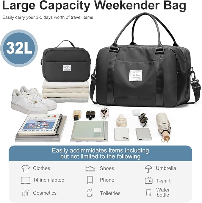 Vacuum Travel Bag for Women with Air Pump, Personal Item Carry on Bags with Seal Compression Pocket for Airlines, Weekender Overnight Bag for Women with Toiletry Bag，Black