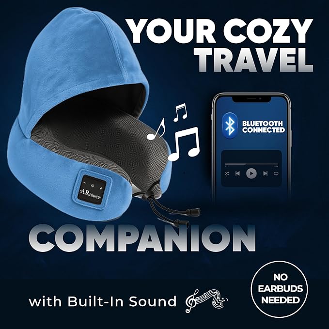 Bluetooth Music Semicircular Neck Pillow with Hood Wireless Bluetooth Speaker Suitable Airplane,Car,Office,and Outdoor Camping for Sleeping, Resting The Best Travel Essentials. (Light Blue)