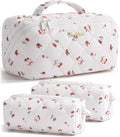 Travel Makeup Bag, 3 Pcs Large Capacity Puffy Toiletry Bag for Women, Open Flat Quilted Make up Cosmetic Organizer w/Handle & Clear Divider Water-resistant Portable Pouch Travel Essentials, M-Cherry
