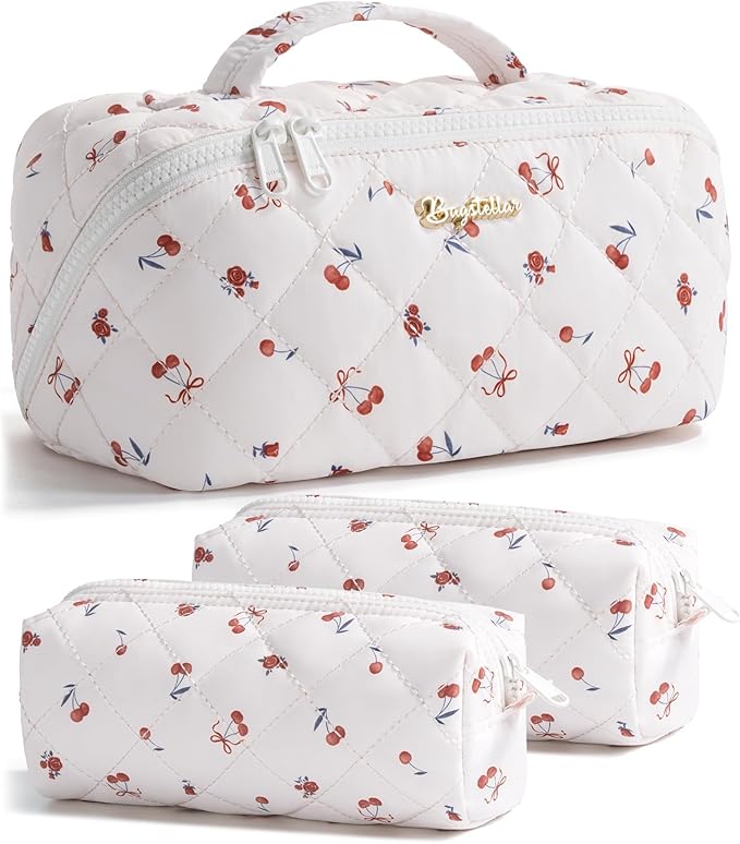 Travel Makeup Bag, 3 Pcs Large Capacity Puffy Toiletry Bag for Women, Open Flat Quilted Make up Cosmetic Organizer w/Handle & Clear Divider Water-resistant Portable Pouch Travel Essentials, M-Cherry