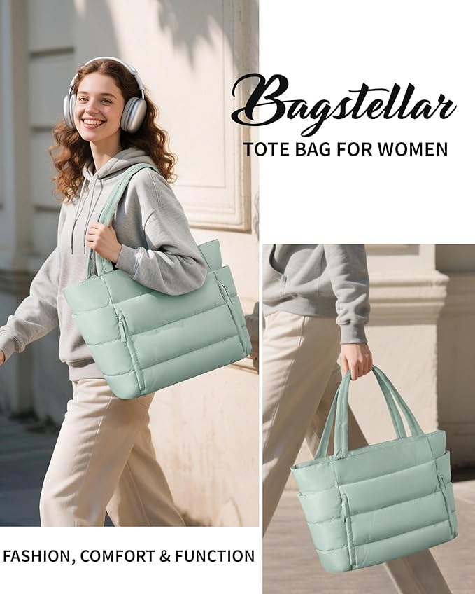 Bagstellar Puffer Tote Bag for Women, Lightweight Puffy Work Handbag Teacher Nurse Quilted Shoulder Bag for School Travel Gym | Cloud Bag w/ Zipper, Daily College Bags, 15.6" Computer Bag, Clinical Nursing Bag, 40 OZ Tumbler Holder, Ideal Gift for Women