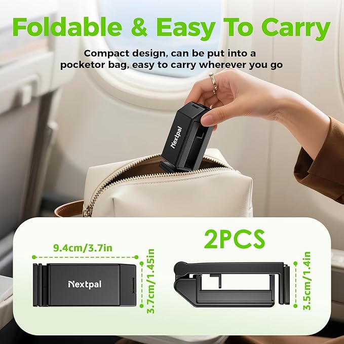 Airplane Phone Holder, Foldable Phone Holder for Airplane Seat Back Luggage Pole Desk 360° Rotation for Multi-Directional Viewing, Travel Essentials Holds Cell Phones (Black 2pcs)
