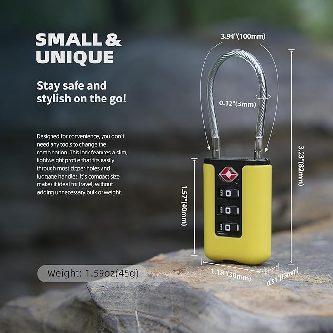 TSA Approved Luggage Locks, 3-Digit Waterproof Padlock, Combination Travel Cable Lock, Lockers, Suitcases, Toolboxes (Yellow+Blue)