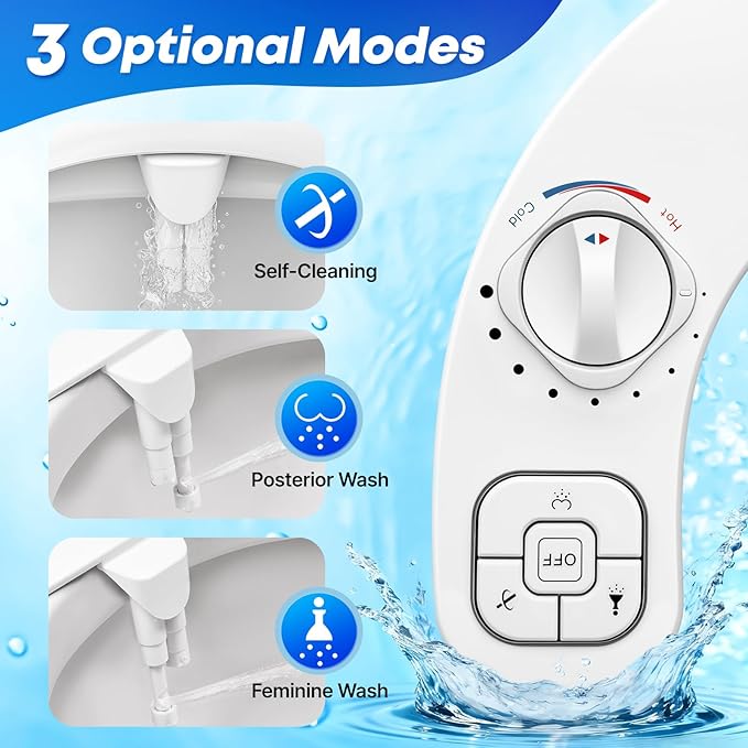 Hot and Cold Bidet Attachment for Toilet, Ultra-Slim Bidet Attachment Warm Water, Non-electric Adjustable Pressure Self Cleaning Dual Nozzle Control for Posterior, Feminine Wash