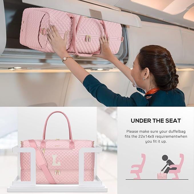 Letter Weekender Bags for Womens - Duffle Bag with Shoe Compartment Personalized Overnight Bag with Toiletry Bag Duffel Bags for Gym Hospital Bags Gift for Women Pink (Letter L)