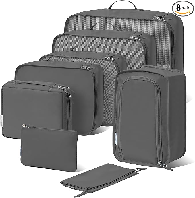 (Not Made In China) Packing Cubes For Travel, Luggage and Suitcase Organizer Bags, Carry On and Backpack Space Savers, Lightweight Waterproof Nylon, 8pc Set, Pewter