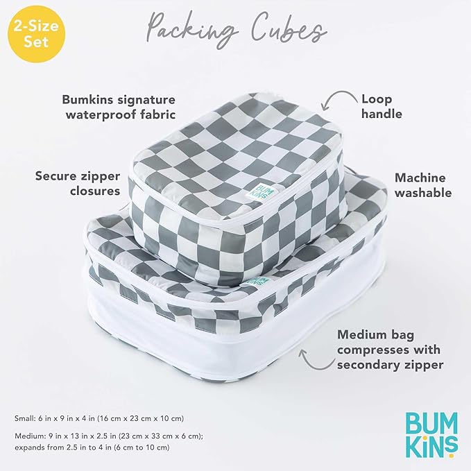 Bumkins Packing Cubes for Travel Bag, Organize Luggage with Compression Bags, Essential Traveling Accessories to Pack Carry On Suitcase, Must for Clothes or Toiletries, Set of 2 Sizes, Gray Check