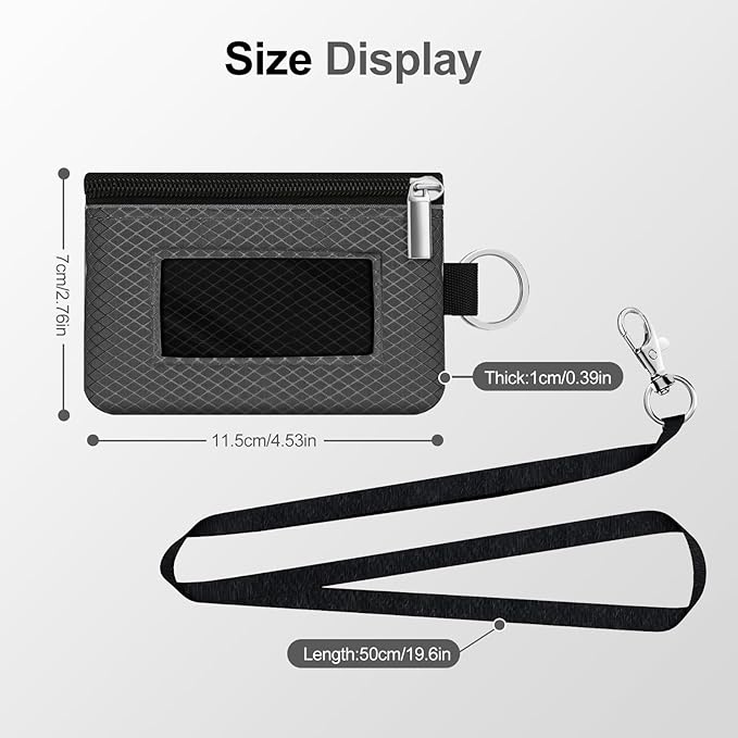 Minimalist RFID Blocking Small Wallet with ID Window,WaterResistant Zip Id Case Wallet with Lanyard Keychain for Cards,Cash,Travel,Women,Men (DarkGrey/Black)