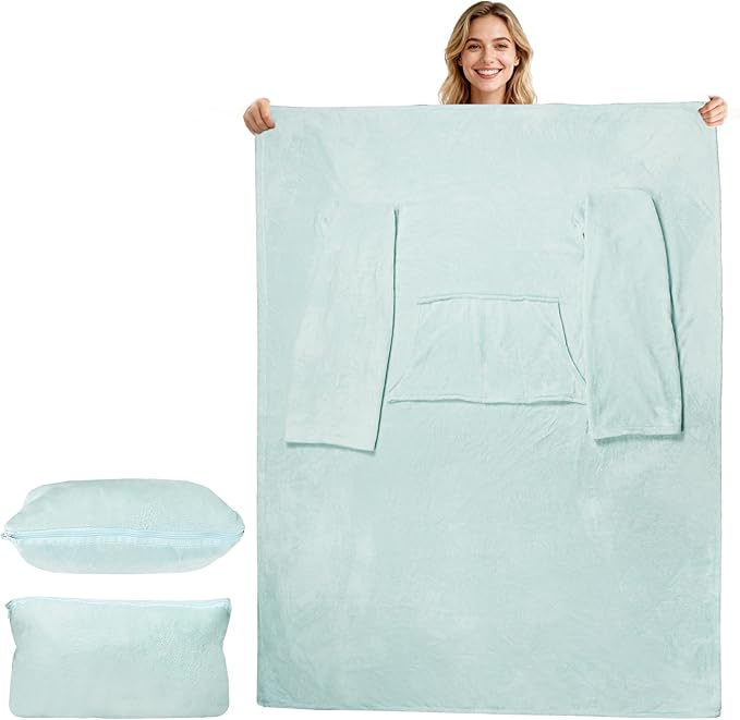 Catalonia Packable Travel Wearable Blanket Pillow with Sleeves for Adults, 2 in 1 Wearable Blanket with Pockets
