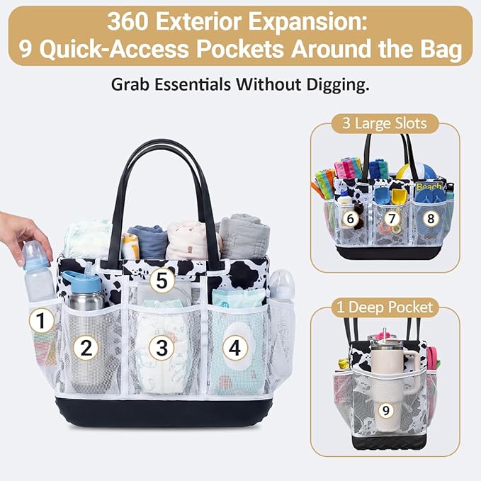 Nyton Custom Fit Organizer Bag Insert for Bogg Bag Inner Liner Pouch for Original Large XL Rubber Tote Zippered Organizer with Pockets for Beach Travel Sports Mom (BLACK WHITE COW, LARGE)