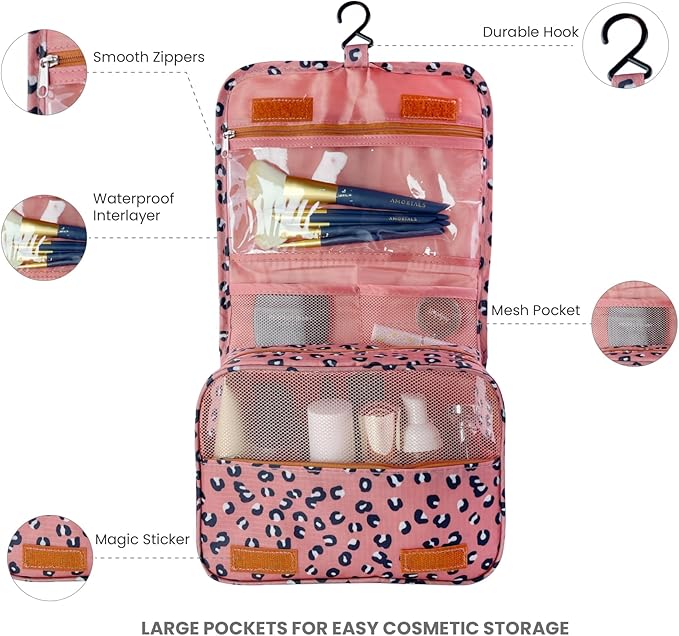 Lcsmaokin Large Capacity Toiletry Bag Travel Bag with Hanging Hook for Men and Women Waterproof Travel Cosmetic Bag Bathroom Storage Bag for Brushes Set,Full-Sized Shampoo,Accessories-Navy Flamingo