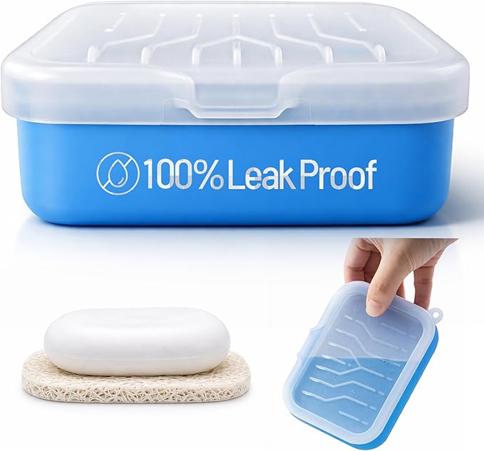 Leakproof Silicone Travel Soap Case: Compact Portable Bar Soap Case with Drainage Layer & Upgraded Lid - 2026 Travel Essentials for Camping, Gym, Shower & Carry-on Bags (Blue)