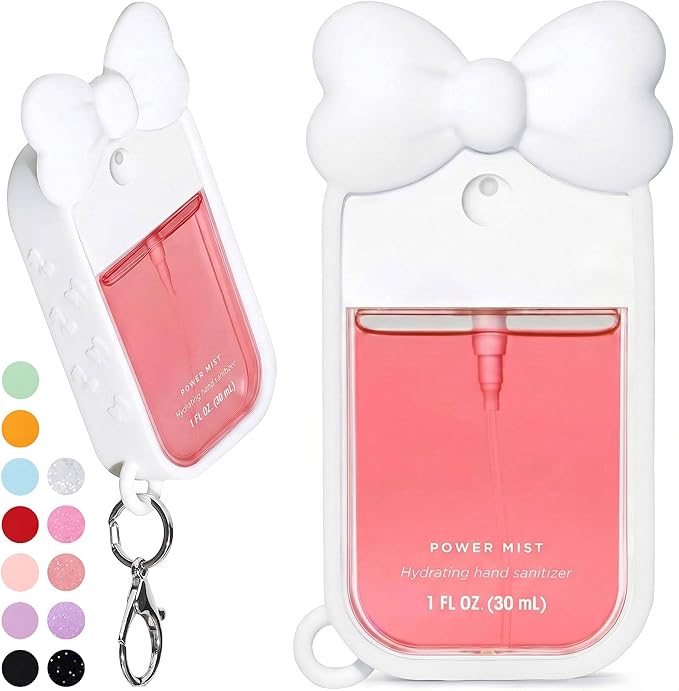 Silicone Bow Case Compatible with Touchland Hand Sanitizer Spray 1 oz (30 mL), Cute Holder with Keychain Clip, Gift for Girls