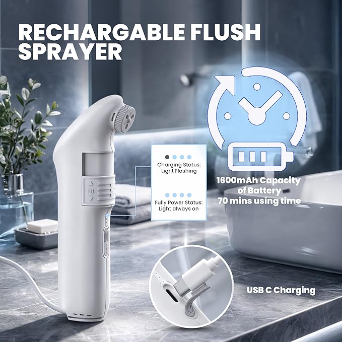 2Clean Portable Bidet - Travel & Home Use High Pressure Sprayer, USB Rechargeable Hygiene Device for Toilets with 2.5L Container, Variable Intensity, Lightweight Design, Wall Bracket Included