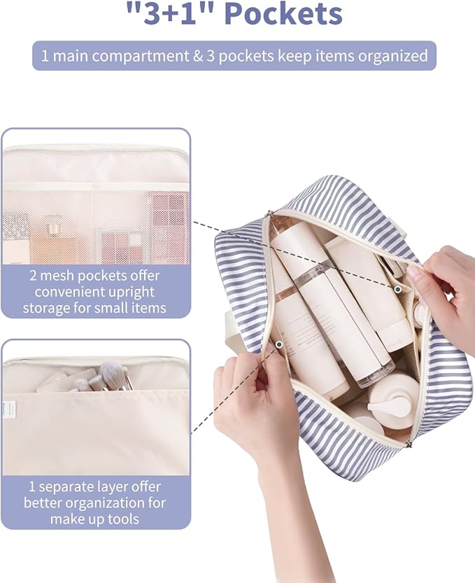 Full Size Toiletry Bag Women Large Cosmetic Bag Travel Makeup Bag Organizer Medicine Bag for Toiletries Essentials Accessories (Greyish Blue Stripe, Large)
