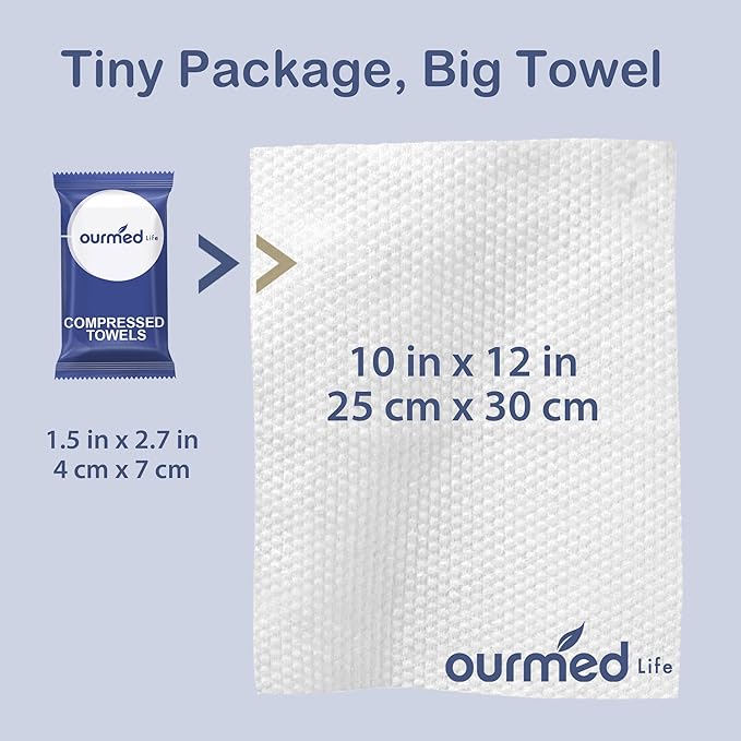 Ourmed Life Compressed Towel Tablets, Individually Wrapped Disposable Face Towels, Quick-Expand with Water, Soft & Lint-Free, 12"x10" Travel Washcloths for Camping,Hiking & Backpacking (100 Count)