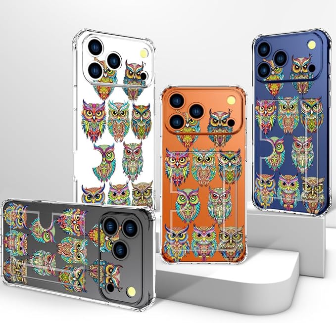 Compatible with iPhone 17 Pro Case Card Holder for Women Cute Design,Wallet Phone Cases Transparent Cool Kawaii Protective (Clear Colorful Owls Cartoon)