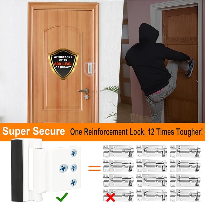 Home Security Door Reinforcement Lock, Upgraded Front Door Locks for Kids Safety Withstand 800 lbs, Child Proof Door Lock, Extra Door Lock from Inside Prevent Unauthorized Entry (2 Pack, White)