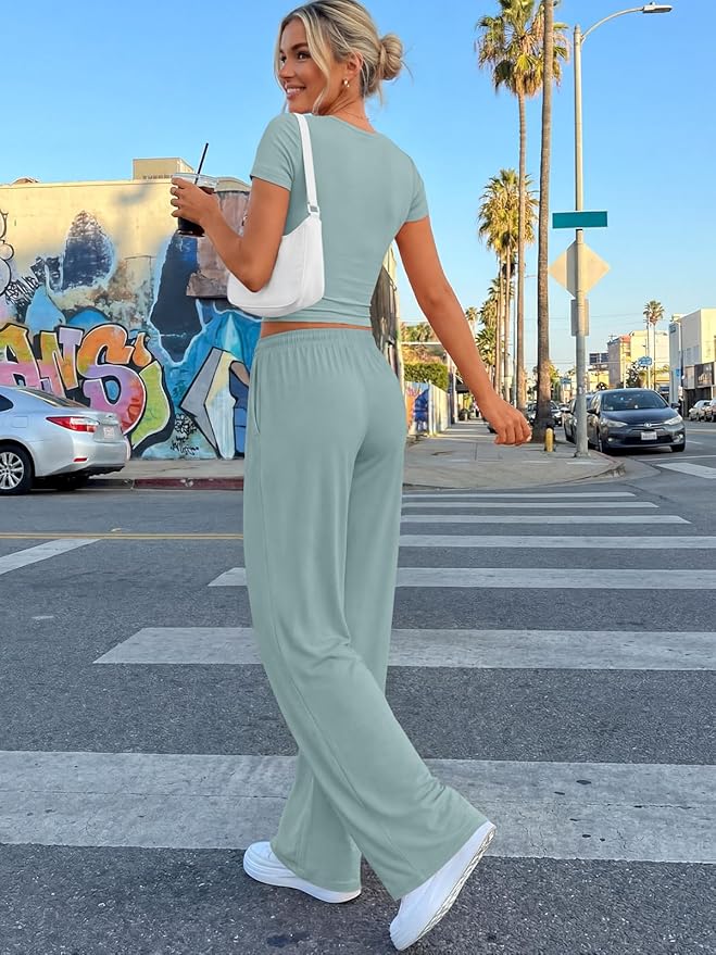 Trendy Queen 2 Piece Matching Summer Lounge Set Womens Side Ruching Top Wide Leg Pants Sets with Pockets