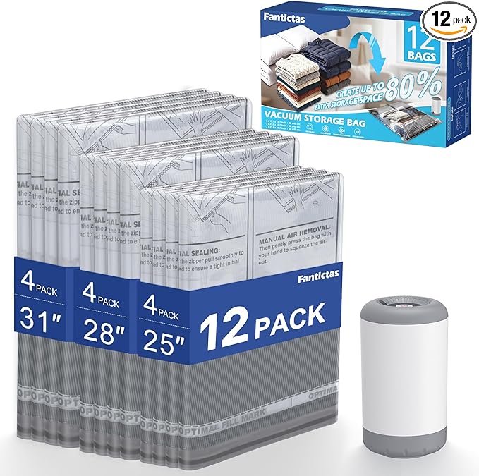 Fantictas Travel Vacuum Storage Bags with Rechargeable Air Pump, 12 Pack Portable Space Saver Compression Bags for Clothing, Bedding, Seasonal Storage & Packing