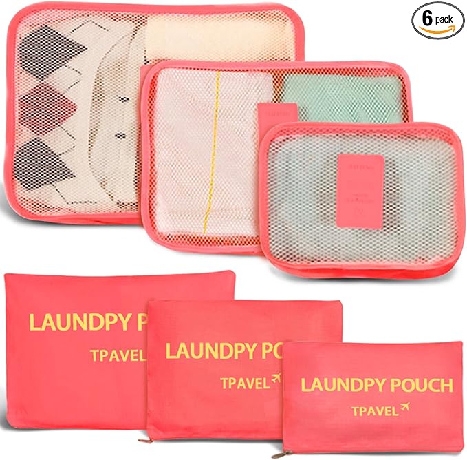 6 Set Packing Cubes for Travel Luggage Packing Bags Reusable Waterproof Suitcase Organizer Bags Set with Shoe Bag and Toiletry Bag (Watermelon Red‌)