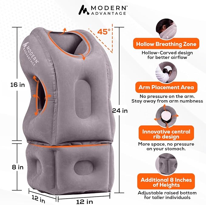 Modern Advantage Inflatable Travel Pillow with Adjustable Extra Bottom Support Neck Pillow for Chin & Head Stability Prevents Neck Pain Plane Pillow for Long Flight Travel - Eye Mask & Earplugs - Grey