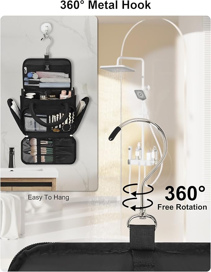 Hanging Toiletry Bag for Women - Travel Makeup Organizer with Brush Compartment, Portable Cosmetic Case with Removable Dividers for Full-Size Container, Lightweight Travel Bag for Trip - Black