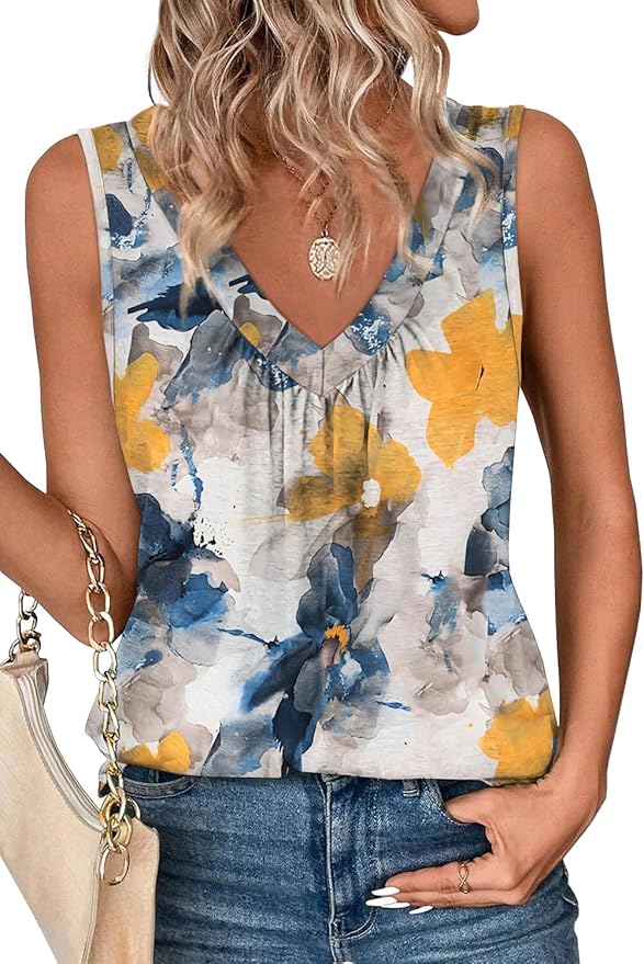 OFEEFAN Tank Top for Women Loose Fit Sleeveless Shirts V Neck Summer Clothes Ruched Women's Tees and Tanks Curved Hem