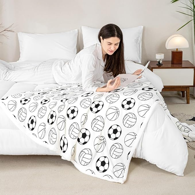 Cartoon Ball Kids Throw Blanket - Basketball, Football, Volleyball Fleece Bed Blanket for Girls, Boys, Adults - Black White Fashion Fuzzy Sports Games Blanket, Twin Size (60 x 80 Inches)