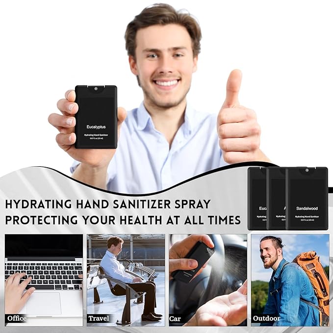 Set of 3 Power Mist Hydrating Hand Sanitizer Spray Bulk Travel Size Quick-drying Hand Sanitizer 0.67 Fl. oz Compact Card Spray Bottle Eucalyptus Sandalwood Aloe Scent for Men Car Compartments