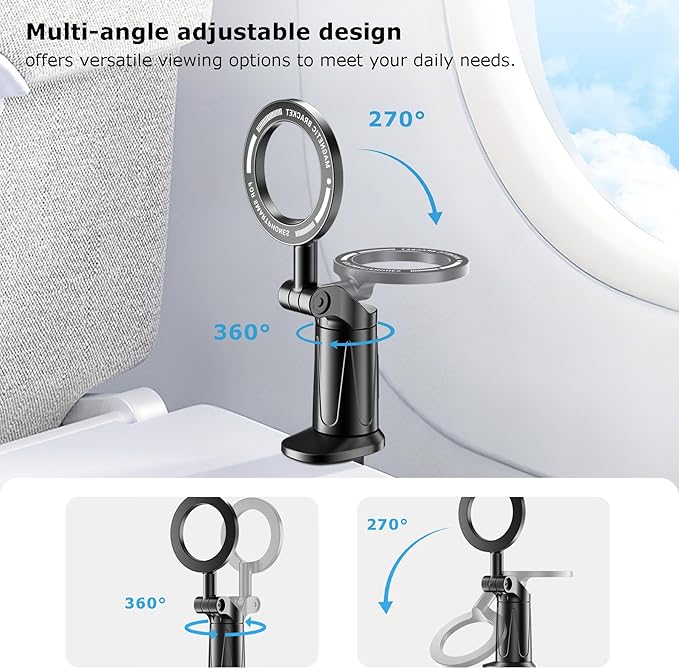 Magnetic Airplane Phone Holder with Page Turner, Plane Phone Stand for Travel Essentials, Handsfree for Flight Smartphone Mount Compatible with iPhone 17/16/15/14/13/12 & Android.