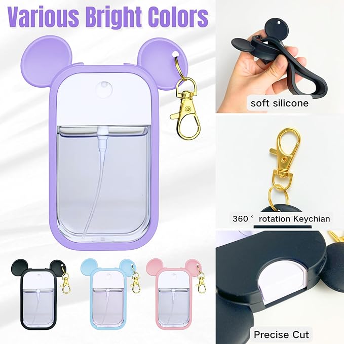 Mouse Design Silicone Case Compatible with Touchland Hand Sanitizer Spray 1 fl oz, Silicone Protective Case Holder with Keychain for Power Mist and Glow Mist, Purple