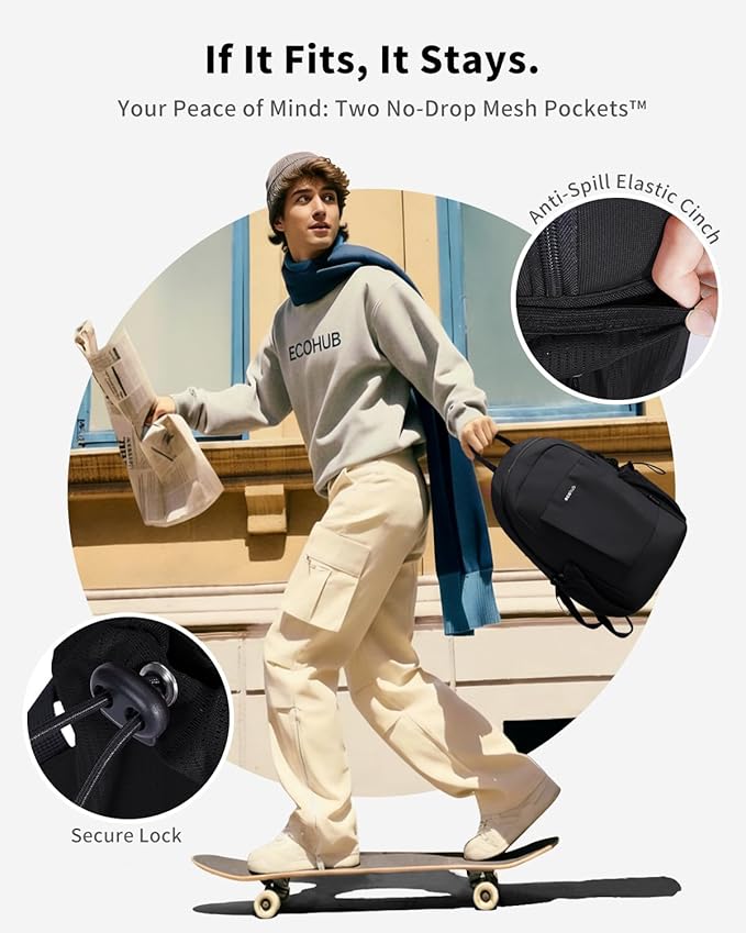 ECOHUB Mini Anti-Theft RFID Backpack for Women and Men, Water-Resistant, Lightweight Travel Daypack with iPad Sleeve, Key Holder, 9 Pockets, Daily Short Trips, Black
