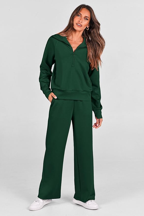PRETTYGARDEN Women's 2 Piece Outfits Casual Lapel Half Zip Sweatshirts and Wide Leg Pants Tracksuit Sets