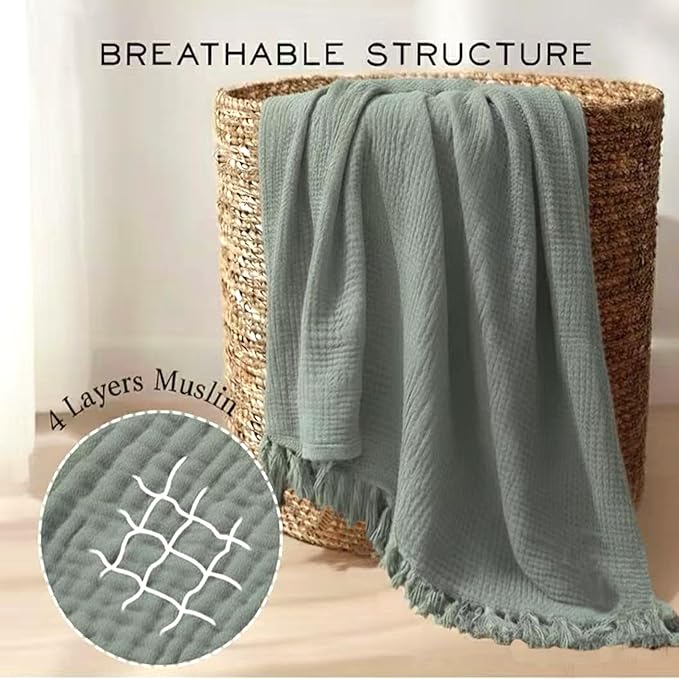 KyraHome 100% Organic Cotton Throw Blankets for Adults, Couch, Kids, 50"x60" Plant Dyed Breathable Lightweight Warm Gauze Muslin Blankets for Summer, Travel, All Season, Sage Green