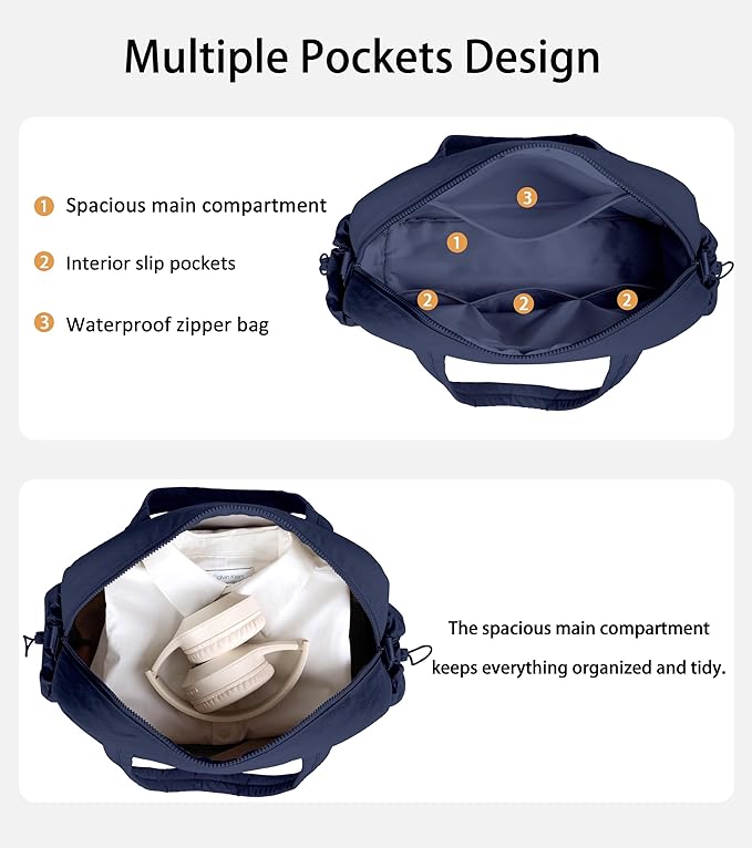Lightweight Travel Duffle Bag for Women, Quilted Puffy Weekender with Wet Pocket for Gym, Overnight, Personal Item Carry On, Navy Blue