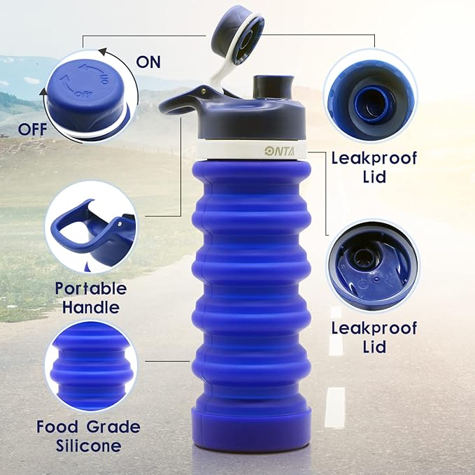 ONTA Collapsible BPA Free Silicone Water Bottle, 20oz - Portable, Leakproof, Easy Clean, Shatter Resistant, Travel Friendly
