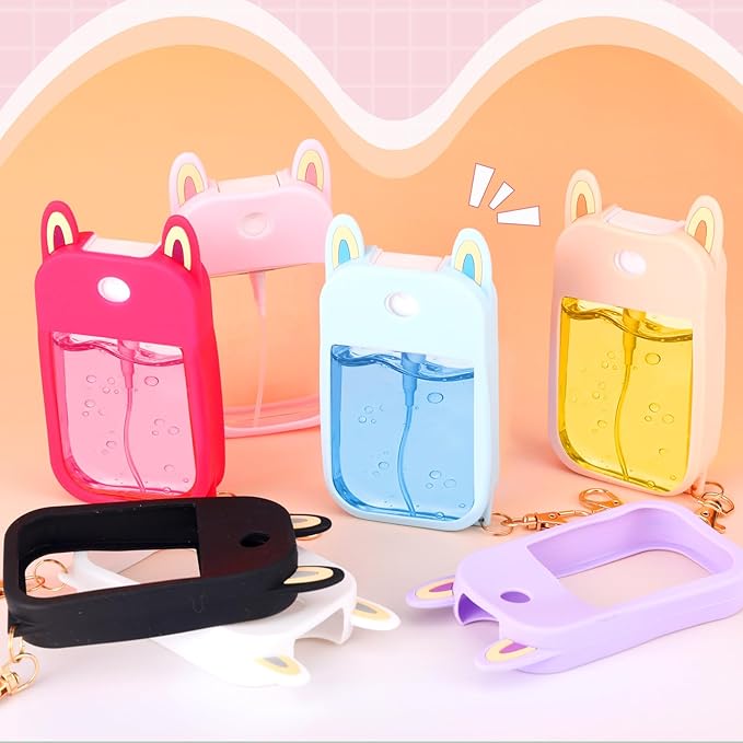 7 Pcs Silicone Case Compatible with Touchland Hand Sanitizer Spray, Cute Bunny Ear Protective Spray Holder Travel Size with Keychain Set for Power Mist & Glow Mist 1 fl oz, Hand Sanitizer Accessory